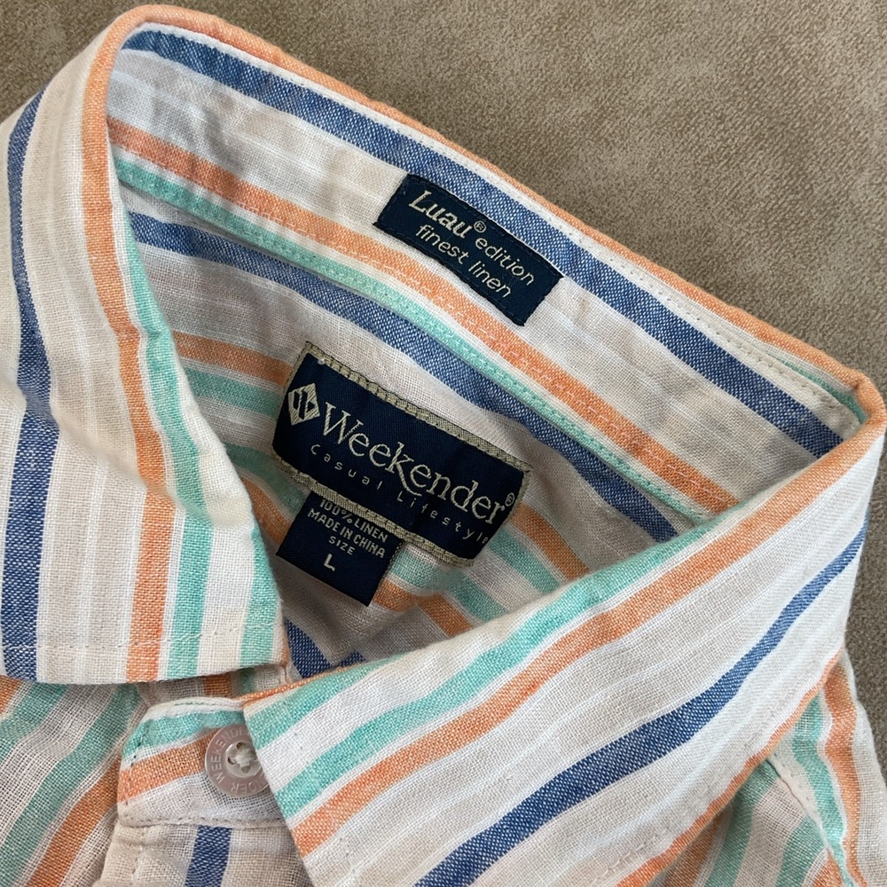 Weekender Luau Edition Shirt Men L Linen Striped Button Up Resort Short Sleeve - Picture 3 of 8